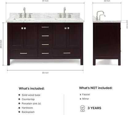 ARIEL Cambridge 60-inch Bathroom Vanity with Sink,Solid Wood, 1.5-inch Italian Carrara Marble Countertop, Double Rectangular Porcelain Sink, 4 Soft Closing Doors, 6 Dovetail Drawers, Espresso