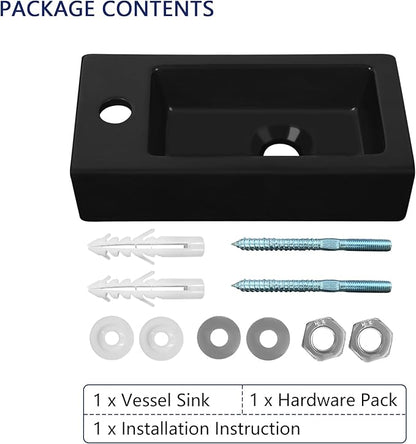 Small Bathroom Sink DeerValley, 15"x7" Mini Rectangle Wall Mount Vessel Sink for Bathroom Powder Room Cloakroom, Floating Space Saving Design, Easy to Clean Matte Black Ceramic Wash Basin (Left Hand)