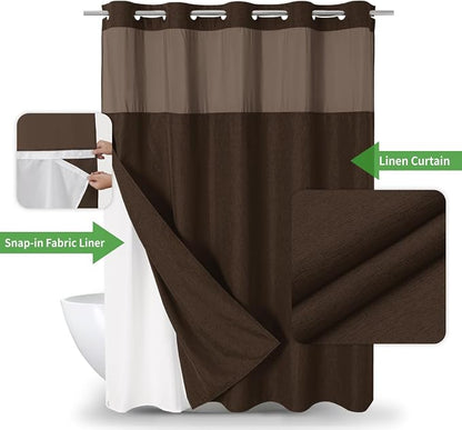 eachope No Hook Linen Texture Shower Curtain with Snap-in Liner,71x74 Brown | 230GSM Thick Fabric,Hotel Luxury Decor,Mesh Top Window,Magnetic Weighted Hem,Waterproof & Machine Washable,for Bathroom