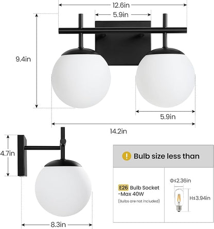 AIJIASI Black Bathroom Light Fixture Over Mirror, 2-Lights Vanity Lights with Milky White Frosted Glass Shade Mid Century Farmhouse Light Fixtures for Bathroom Above Mirror (Exclude E26 Bulb)