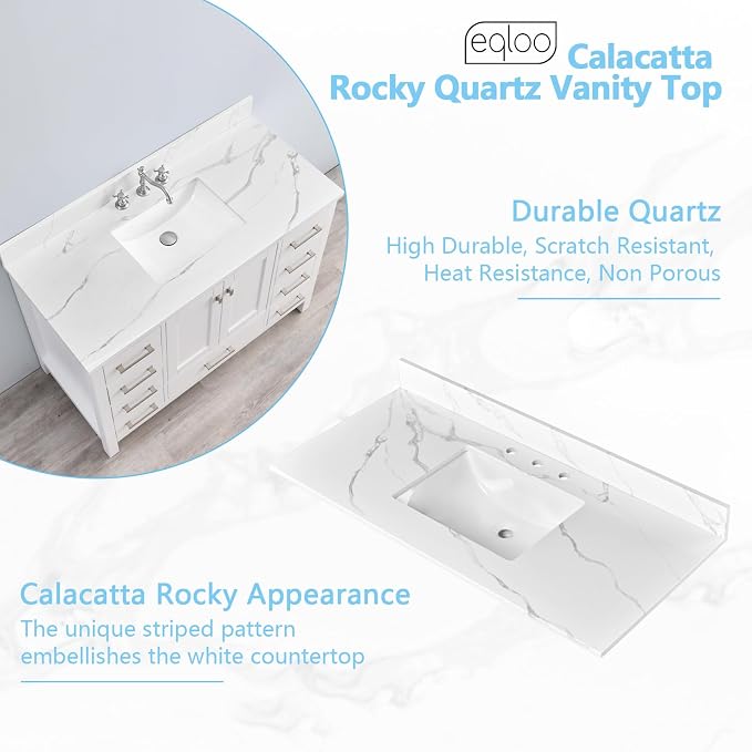 48 in. W x 22 in D Quartz Vanity Top in Calacatta Rocky, Vanity Sink Top with Assembled Single Drop-in Sink, Pre-Drilled Widespread Faucet Holes Countertop with 4" H Backsplash