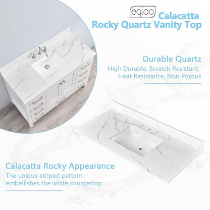 48 in. W x 22 in D Quartz Vanity Top in Calacatta Rocky, Vanity Sink Top with Assembled Single Drop-in Sink, Pre-Drilled Widespread Faucet Holes Countertop with 4" H Backsplash