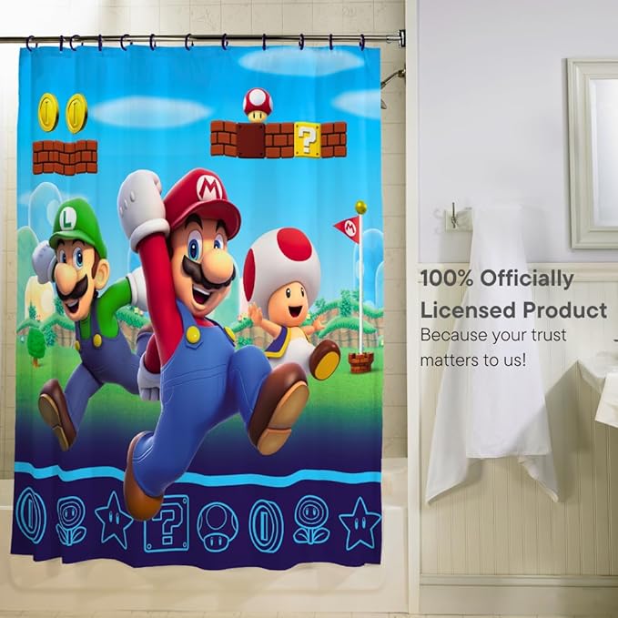 Super Mario 13-Piece Shower Curtain Set, 72 x 72 Inch Fabric Curtain with Hooks, Bathroom Decor, Machine Washable, (100% Officially Licensed Product) by Franco Collectibles