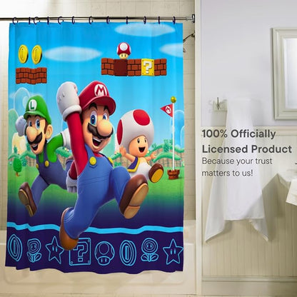 Super Mario 13-Piece Shower Curtain Set, 72 x 72 Inch Fabric Curtain with Hooks, Bathroom Decor, Machine Washable, (100% Officially Licensed Product) by Franco Collectibles