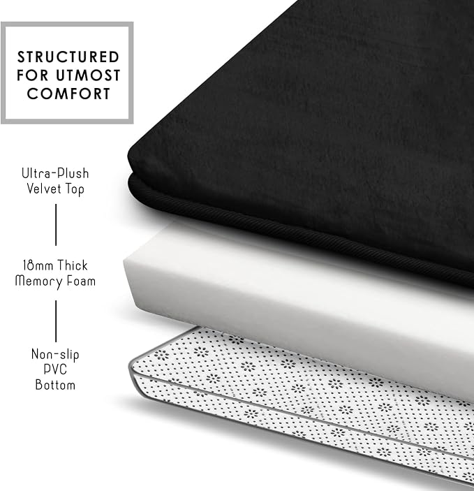 Clara Clark Bathroom Rugs, Velvet Memory Foam Bath Mat, Non-Slip, Machine Washable Bath Rugs - Dries Quickly, Ultra Soft Plush Bath Mats for Bathroom, 17 x 24, Black