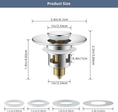 Hibbent All Metal Universal Bathroom Sink Stopper for 1.1''~2.3'' Basin, Pop Up Sink Drain Strainer, Brass Bullet Core Push Type Stopper, Stainless Steel Anti Clogging Drain Filter, Chrome