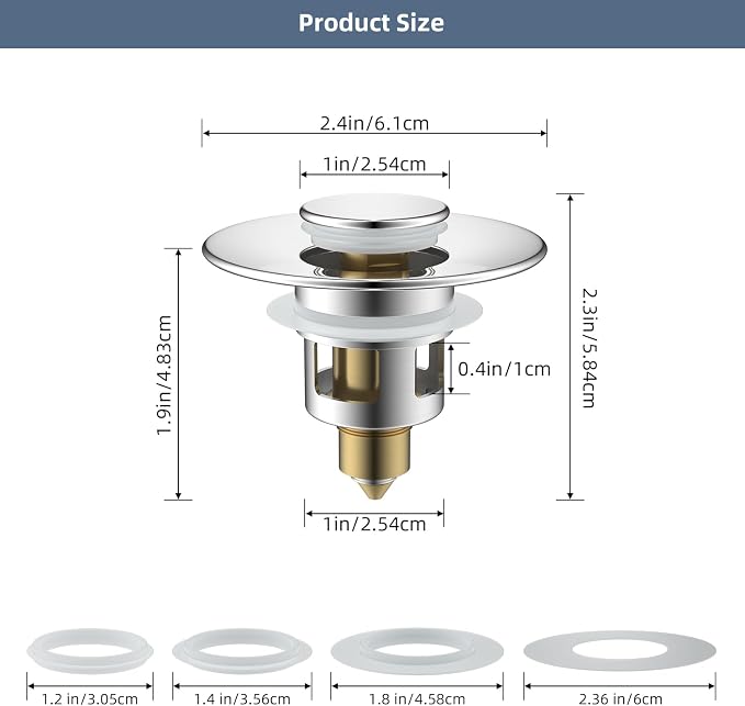 Hibbent 2 Pack All Metal Universal Bathroom Sink Stopper for 1.1''~2.3'' Basin, Pop Up Sink Drain Strainer, Brass Bullet Core Push Type Stopper, Stainless Steel Anti Clogging Drain Filter, Chrome