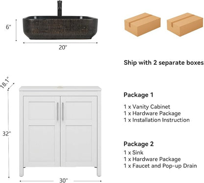 YOURLITE 30" Bathroom Vanity with Sink, White Bathroom Vanity and Sink Combo with Faucet & Pop Up Drain Set,Traditional Vanity with with Black & Gold Ceramic Sink