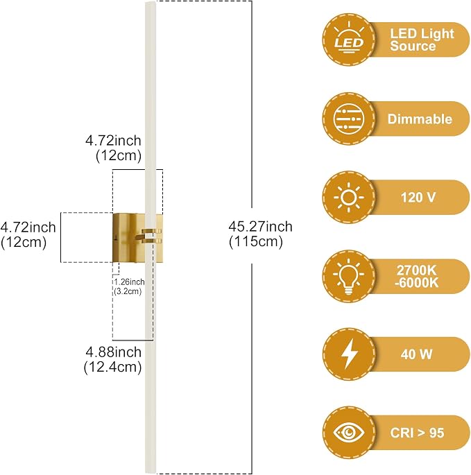 Gold Bathroom Light Fixture LED Vanity Light 45.3" 5CCT Wall Sconce | LED Dimmable Wall Light Modern 360° Lighting, 42W Hardwired Vanity Light for Bathroom Mirror, Flicker-Free Easy Install