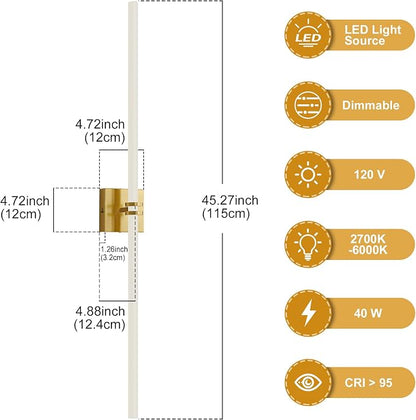 Gold Bathroom Light Fixture LED Vanity Light 45.3" 5CCT Wall Sconce | LED Dimmable Wall Light Modern 360° Lighting, 42W Hardwired Vanity Light for Bathroom Mirror, Flicker-Free Easy Install