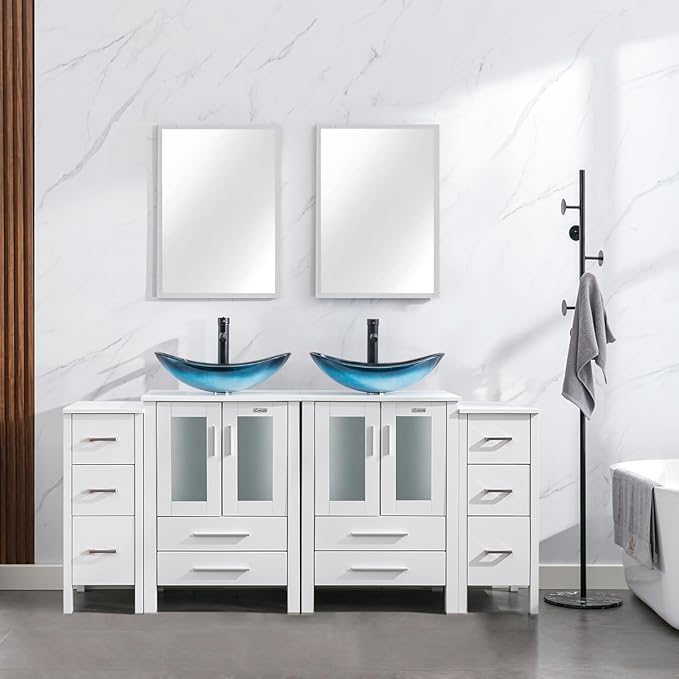eclife 72" Modern Bathroom Vanity Sink Combo Freestanding Cabinet with Small Side Cabinet, Blue Boat Glass Vessel Sink, Water Save Faucet, Drain (White+A29BU)