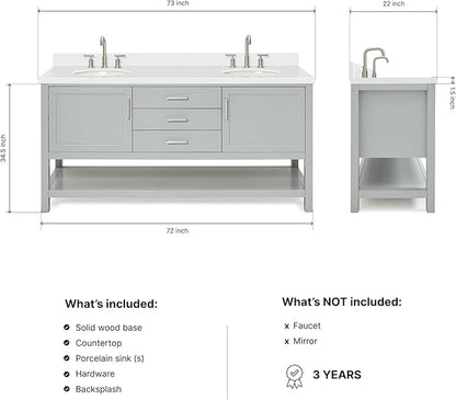 ARIEL Bayhill 72-inch Bathroom Vanity with Sink,Solid Wood, 1.5-inch Pure White Quartz Countertop & Backsplash, Double Oval Porcelain Sink, 2 Soft Closing Doors, 3 Dovetail Drawers, Grey