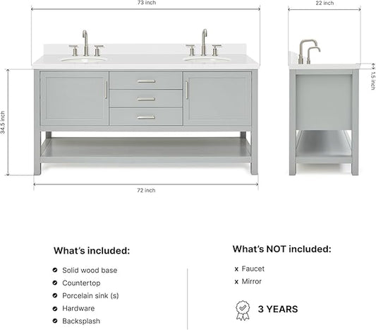 ARIEL Bayhill 72-inch Bathroom Vanity with Sink,Solid Wood, 1.5-inch Pure White Quartz Countertop & Backsplash, Double Oval Porcelain Sink, 2 Soft Closing Doors, 3 Dovetail Drawers, Grey
