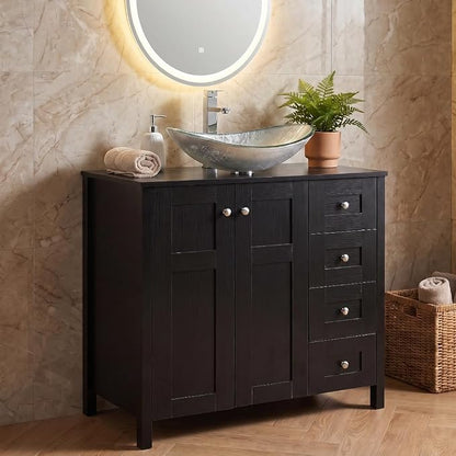 32'' Bathroom Vanity with Sink, Modern Bathroom Cabinet, Black | 2 Soft-Close Cabinet Doors, 4 Drawers, 2-Tier Inner Shelf, Freestanding Large Storage Cabinet, Silver Boat Glass Sink