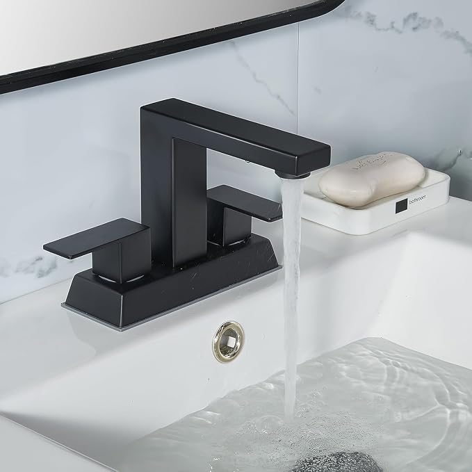 Black 2 Handle Centerset Bathroom Faucet,Matte Black 4 Inch Bathroom Sink Faucet Modern Vanity Faucets for Sink 3 Hole Lavatory Bath Faucet with Lead-Free Supply Hose and Pop up Drain