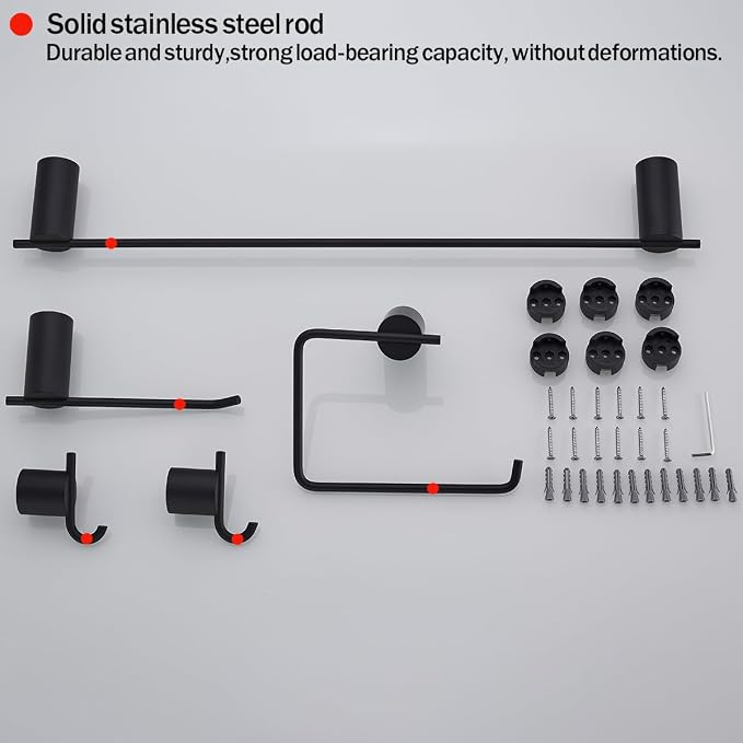 RANDOM Matte Black Bathroom Hardware Set 5 Pieces Include 24 inch Towel Bar Towel Ring Toilet Paper Holder Towel Hook for Bathroom,SUS304 Stainless Steel.RD96068S-5MB-2