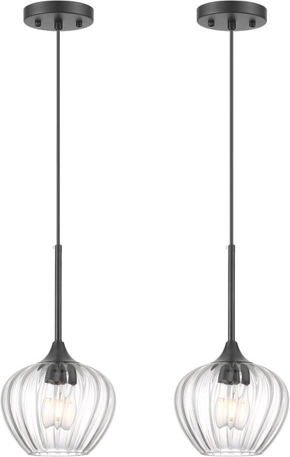 2-Pack Glass Pendant Lights Kitchen Island, 7.7" Modern Black Glass Pendant Lighting Farmhouse Hanging Light Fixtures for Kitchen, Dining Room, Bathroom, Bedroom