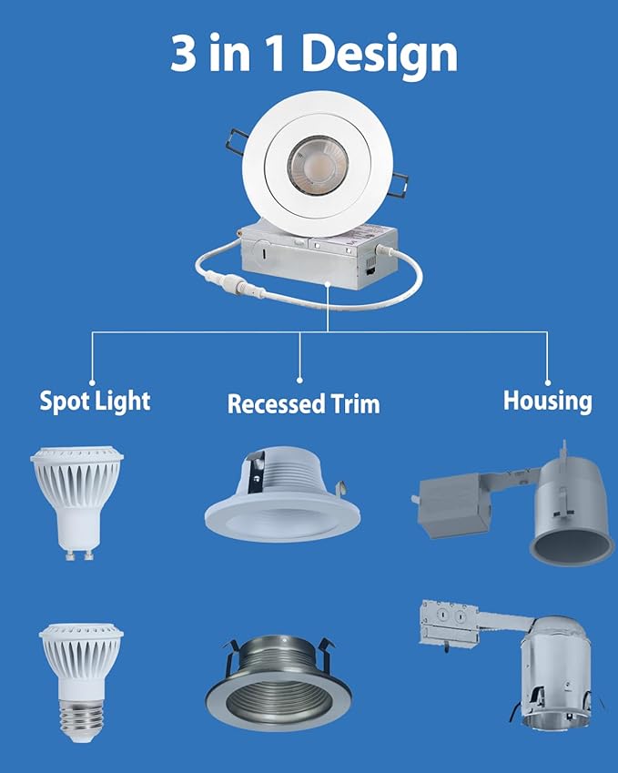 4 inch LED Gimbal Recessed Light, 9W 750lm Eyeball Sloped Ceiling Task Lighting, Soffit Wafer Indoor Directional Lighting, 90° Tilt and 360° Rotation Recessed Lighting 4 inch White 12Pack