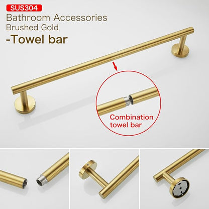Bathroom Hardware Set, Brushed Gold, 24in, 4-Piece | Stainless Steel, Wall-Mounted, Towel Bar, Toilet Paper Holder, Towel Ring, Towel Hooks, Adjustable