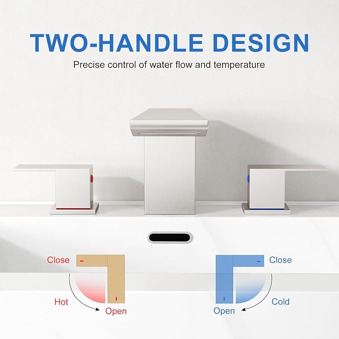 RUMOSE Bathroom Faucets 3 Hole Nickel Bathroom Sink Faucet with Drain | 8 Inch Mixer Widespread Waterfall Vanity Two Handle Lavatory Bath Tap, Pop Up Drain, Stainless Steel