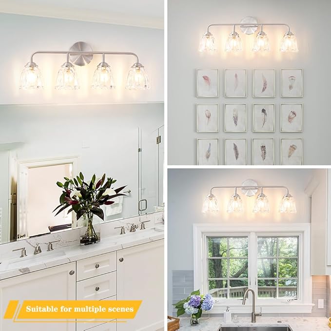 Vintage 4-Light Brushed Nickel Bathroom Light Fixtures, Elegant Bathroom Vanity Lights Over Mirror, Vanity Lighting with Clear Shade, Art Deco Wall Sconce Lighting for Bedroom