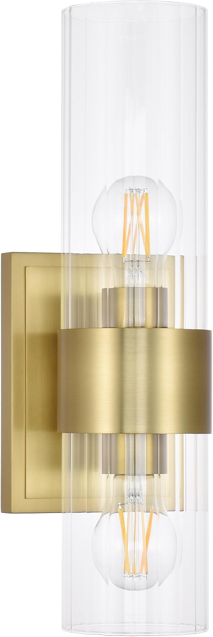 Gold Modern Bathroom Sconces Wall Lighting with Clear Ribbed Glass, Aged Brass 2-Light Bathroom Vanity Light Fixtures for Mirror Living Room Hallway Bedroom