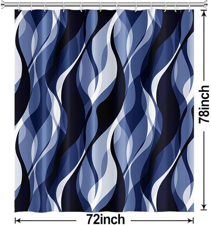 Navy Blue Shower Curtain, Modern Abstract Black and Blue Striped Shower Curtain Set for Bathroom Waterproof Shower Curtain with Hooks, 72x78 Inch