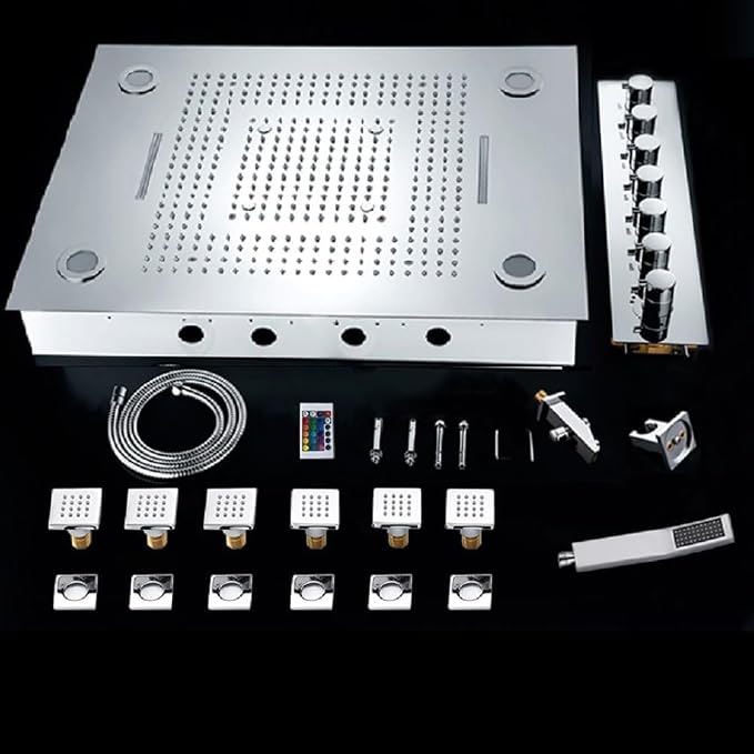 CASCADA 23"x31" LED Shower System with Handheld Shower | 6 Functions (Rainfall, Waterfall, Curtain, Misty, Body Jets & Handheld) | 7 Knob Valve (Non Music, Polished Stainless Steel)