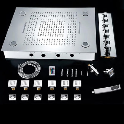 CASCADA 23"x31" LED Shower System with Handheld Shower | 6 Functions (Rainfall, Waterfall, Curtain, Misty, Body Jets & Handheld) | 7 Knob Valve (Non Music, Polished Stainless Steel)