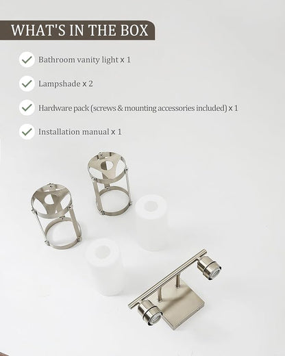 2-Light Brushed Nickel Bathroom Light Fixtures with Milk White Frosted Glass, 13.2" UL-Listed Modern Wall Sconce Over Mirror with Metal Cage for Bath, Hardwire E26, OS-3014BNW-2W