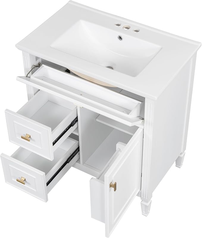 30" Bathroom Vanity with Ceramic Sink, Undermount Single Basin Bath Vanity Set w/1 Flip-Up & 2 Drawers,Modern Freestanding Storage Cabinet w/Adjustable Shelf,Solid Wood Frame,White