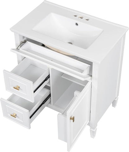 30" Bathroom Vanity with Ceramic Sink, Undermount Single Basin Bath Vanity Set w/1 Flip-Up & 2 Drawers,Modern Freestanding Storage Cabinet w/Adjustable Shelf,Solid Wood Frame,White