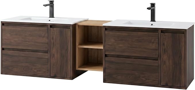 72 Modern Floating Double Sink Bathroom Vanity, Wall-Mounted with Seamless Ceramic Top, Rounded Corners, Full-Extension Soft-Close Drawers & Concealed Drainage (Wood color, 72 inch)