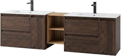 72 Modern Floating Double Sink Bathroom Vanity, Wall-Mounted with Seamless Ceramic Top, Rounded Corners, Full-Extension Soft-Close Drawers & Concealed Drainage (Wood color, 72 inch)