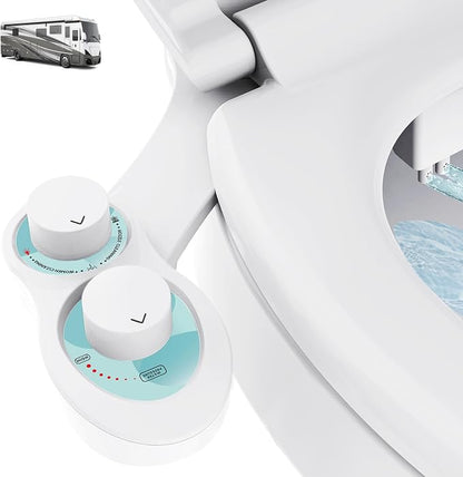 RV Bidet for Camper Toilet, Non-Electric Toilet Sprayer Attachment with Dual Nozzles, Adjustable Pressure, Front/Rear/Self Cleaning, Upgrade for Trailer, Motorhome, RV Bathroom (White Knob)