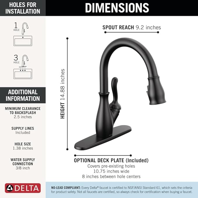 Delta Leland Matte Black Kitchen Faucet with Pull Down Sprayer, Traditional Single Hole Kitchen Sink Faucet, Single Handle, Matte Black 9178-BL-DST