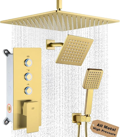 Shower Faucet Set Brushed Gold Bathroom Rainfall Shower System, 12 Inch Ceiling Mount Shower Head with 6 Inch Wall Mount Shower Head, Include Shower Valve and Trim Kit