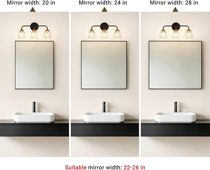 Daunton Vintage 3 Light Vanity Light, Black and Gold Bathroom Vanity Light, Bathroom Light Fixtures with Glass Shade, Antique Vanity Light Fixtures Over Mirror, Wall Sconce for Bedroom, Living Room