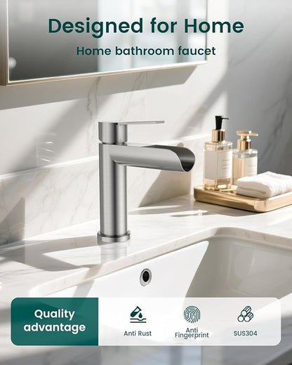 APPASO Brushed Nickel Bathroom Faucet 1 Hole, Single Handle Stainless Steel Sink Faucet with Pop-Up Drain and Deck Plate, Easy Installation Single Hole Waterfall Faucets for Bathroom Vanity Laundry