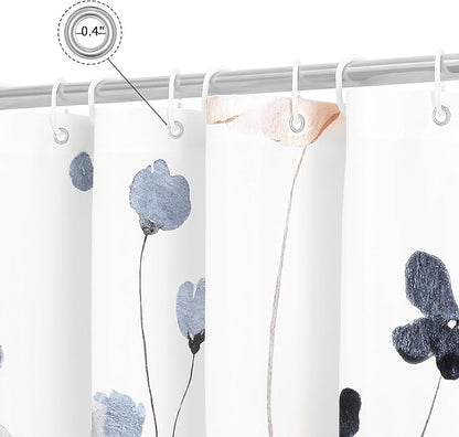 Blue Beige Watercolor Floral Fabric Shower Curtain, 72x84 | Waterproof Fabric, Modern Minimalist Floral Print, Machine Washable, Rustproof Grommets, for Bathroom Home, Extra Long