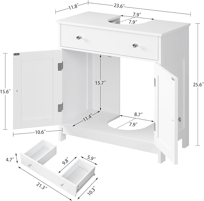 Pedestal Sink Storage Cabinet with 2 Doors and Drawer, Bathroom Sink Cabinet, Under Sink Storage with U-Shape Cut-Out, White