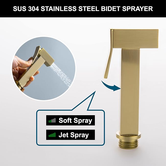 Warm Water Bidet Sprayer for Toilet with Hot and Cold Brass Rough-in Valve, Stainless Steel Handheld Bidet Attachment Set for Feminine, Pets and Baby Diaper Wash, Brushed Gold, BDS08-3