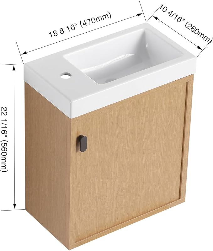 18.5" Bathroom Vanity with Resin Sink, Modern Wall-Mounted Floating Bathroom Vanity with Soft Closed Single Door for Home, Undermount Storage Cabinet, Easy to Clean, Natural Wood