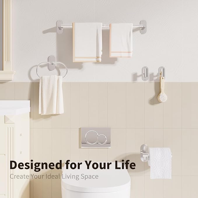 5-Piece Bathroom Hardware Set, Adhesive or Drill Wall Mount, Chrome | Adjustable Towel Bar, Toilet Paper Holder, Towel Ring, 2 Towel Hook, 304 Stainless Steel Bathroom Accessories Set