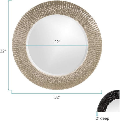 Howard Elliott Collection Bergman Round Wall Mirror, Textured Ribbed Frame with Glossy Nickel Finish, Decorative Accent Mirror, Ready to Hang, 32H x 32W x 1D, Nickel