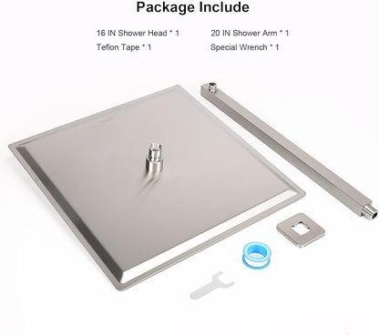 Shower Head with Extension Arm, High Pressure Square with ShowerArm, Stainless Steel Rainfall-Waterfall Full Body Coverage (16'' Shower with 20'' Arm, Brushed Nickel)