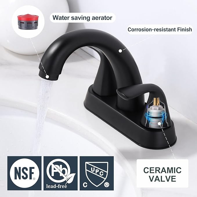ALEASHA Black Bathroom Sink Faucet - 4 Inch Centerset 2 Handle With Pop Up Drain Stopper, Lavatory Vanity Faucet