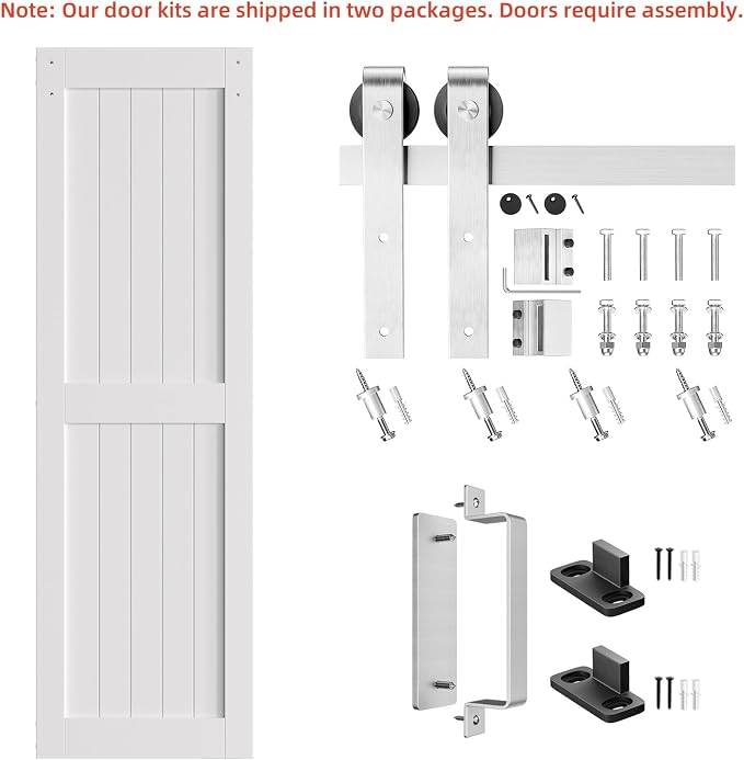 SmartStandard 26 x 84 inch White Sliding MDF Barn Door with 5FT Brushed Nickel Sliding Door Hardware Kit & Handle, Pre-Drilled Ready to Assemble, Waterproof PVC Coating, H-Frame