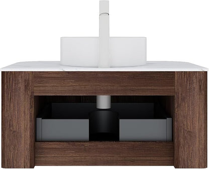 24'' Floating Vanity with Sink Combo, Modern Wall-Mounted Curved Edges Striped Bathroom Storage Cabinet with Soft-Close Drawer and White Artificial Marble Basin, Dark Walnut