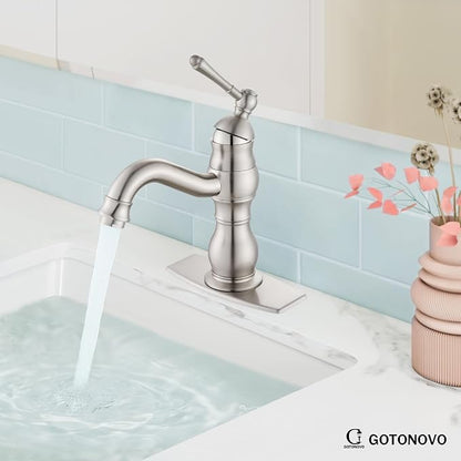 gotonovo Bathroom Faucet 1 Hole Vintage,Brushed Nickel,5.9” Spout Reach | Bathroom Sink Faucet for 1 or 3 Hole Single Handle,Deck Plate,360° Swivel Spout,Pop Up Drain,cUPC Supply Hoses,for Vanity RV